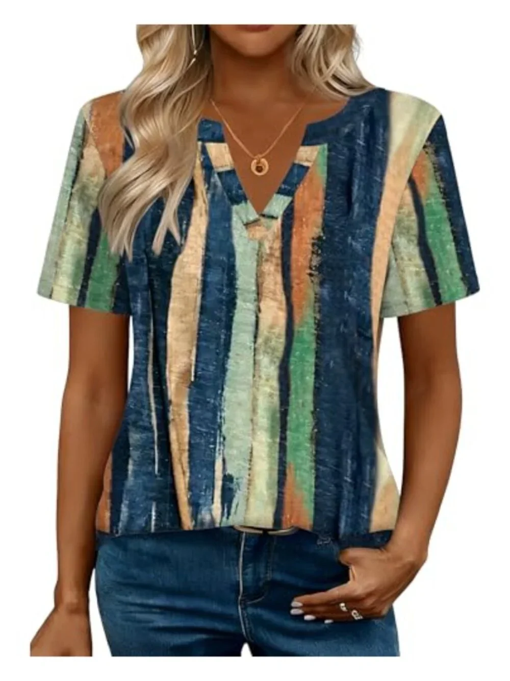 Women's Short Sleeve V-Neck Tunic Blouse High-Low Hem Loose Fit
